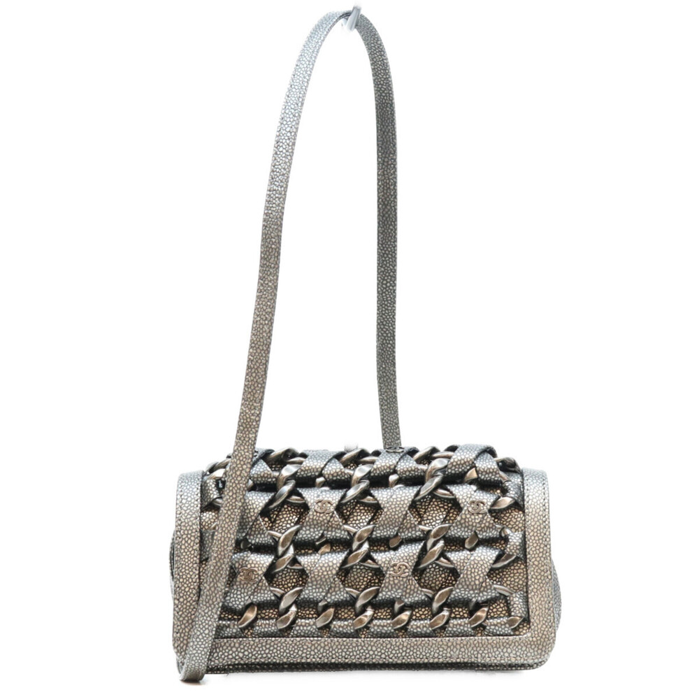 CHANEL A67690 Metallic Gray Caviar Leather Silver Hardware Interlaced Chain S...